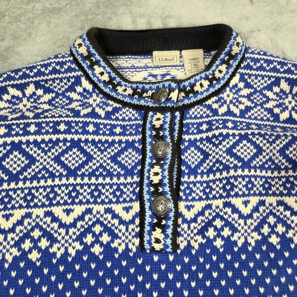 Vintage LL Bean Sweater Womens Small Blue Nordic Fair Lisle Henley Pullover - Picture 3 of 9